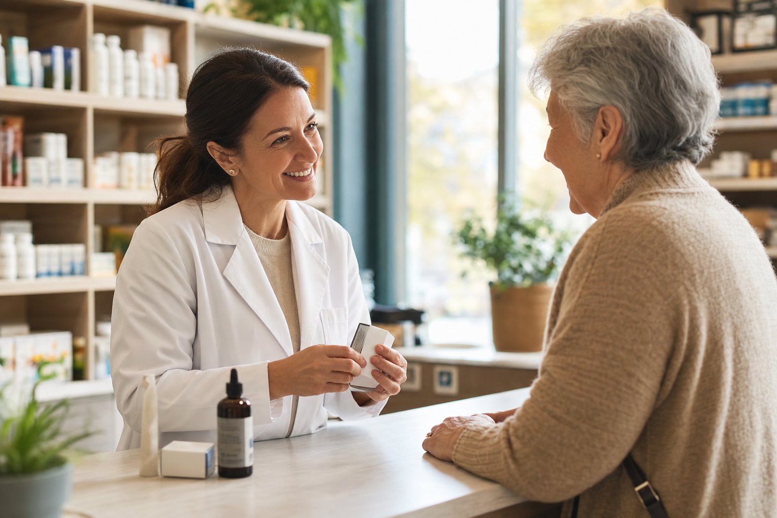Friendly pharmacist explaining insurance coverage for a prescription to a patient at TRx Pharmacy Cape Coral