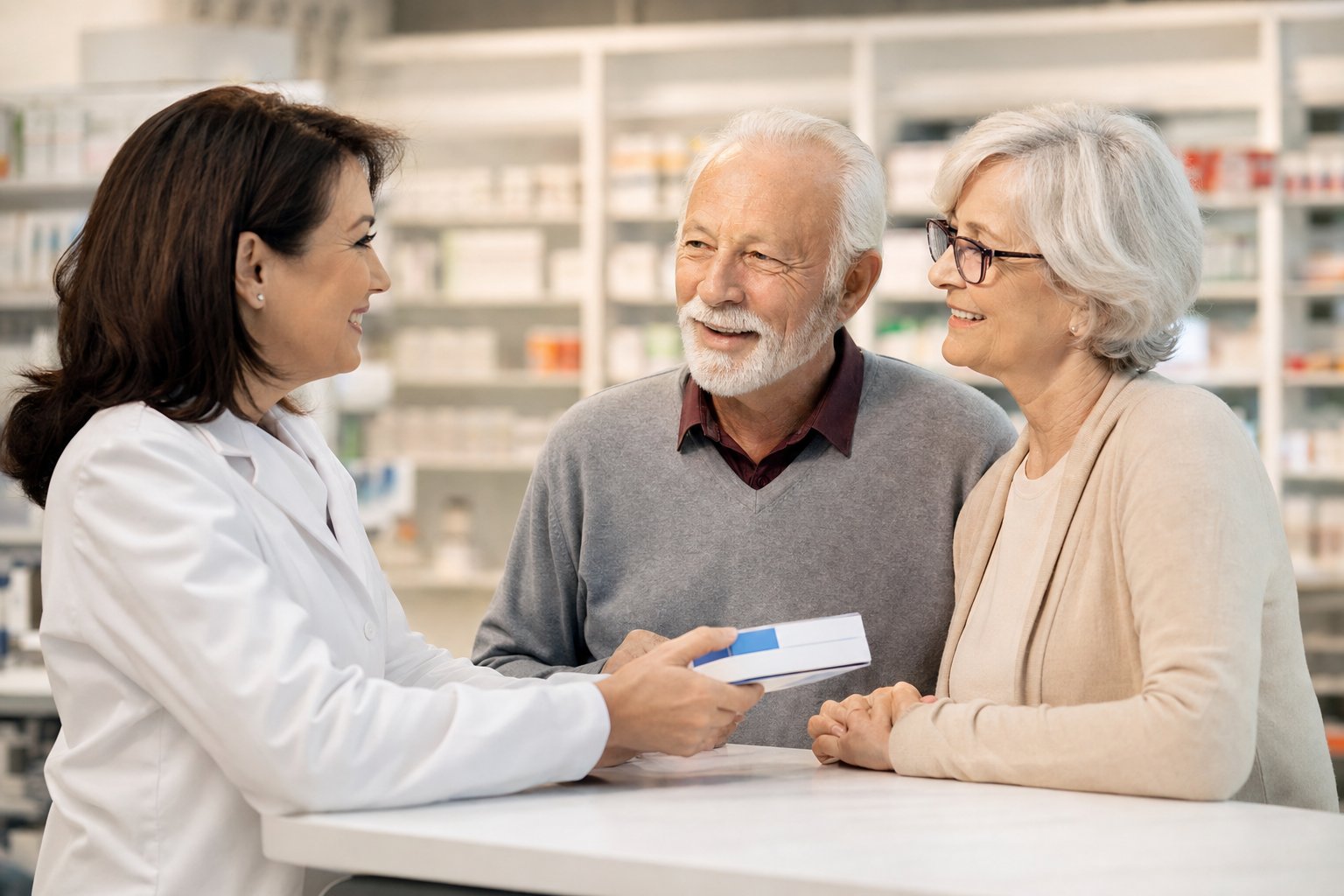TRx Pharmacy pharmacist consulting with a senior couple about their medications at the Cape Coral pharmacy counter
