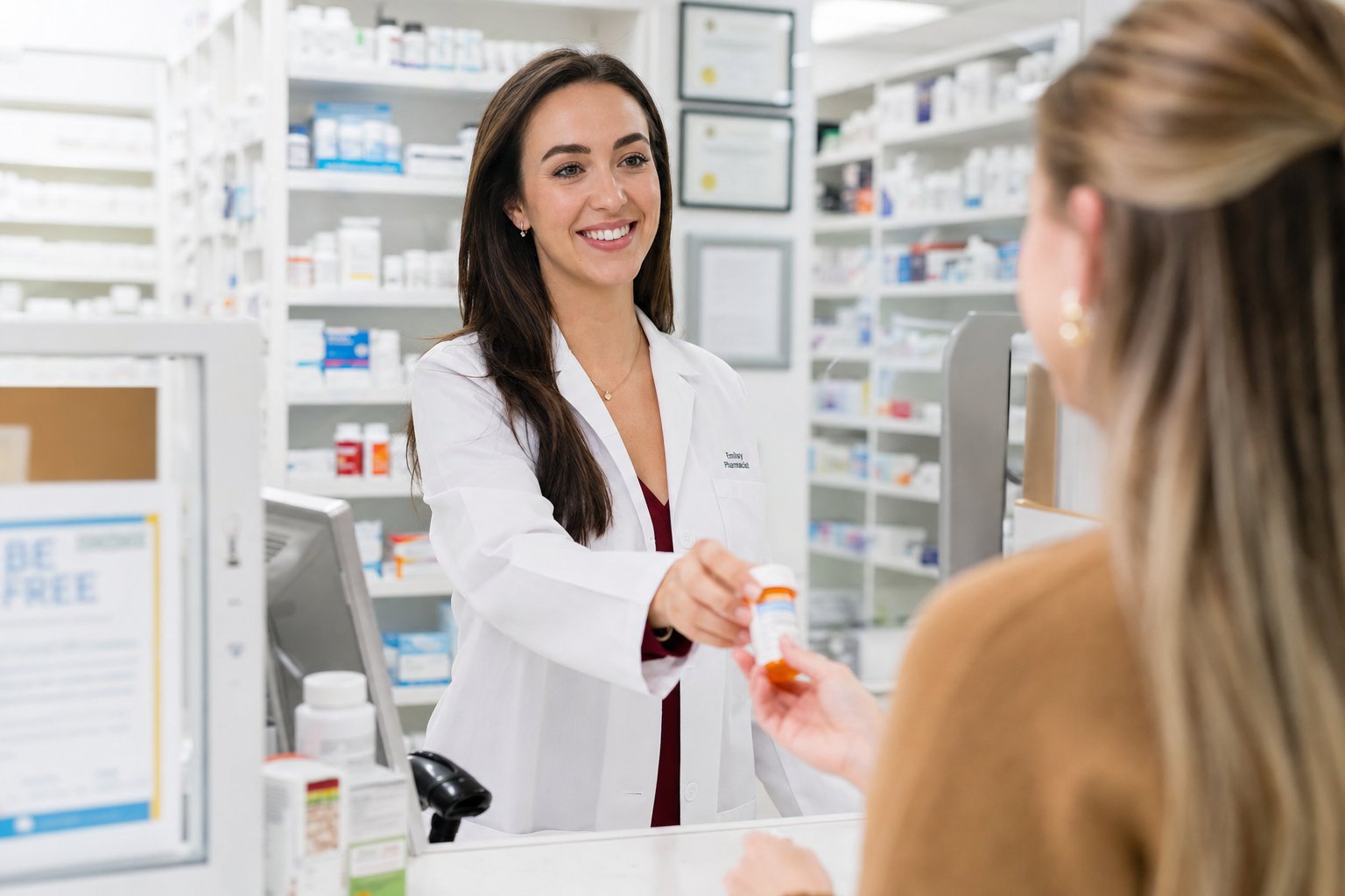 TRx Pharmacy pharmacist handing a prescription bottle to a customer at the Cape Coral pharmacy counter